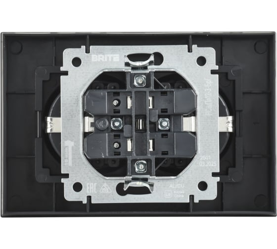 Розетка IEK BRITE 2-я с заземлением, с защитными шторками, плоская, 16А в сборе РСшПл12-3-БрГ графит BR-R28-16-K53-F