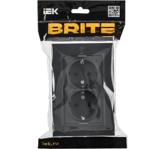 Розетка IEK BRITE 2-я с заземлением, с защитными шторками, плоская, 16А в сборе РСшПл12-3-БрГ графит BR-R28-16-K53-F