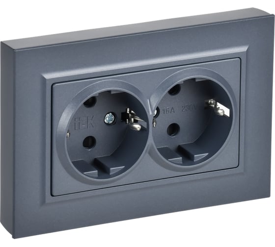 Розетка IEK BRITE 2-я с заземлением, с защитными шторками, плоская, 16А в сборе РСшПл12-3-БрМ маренго BR-R28-16-K35-F 1