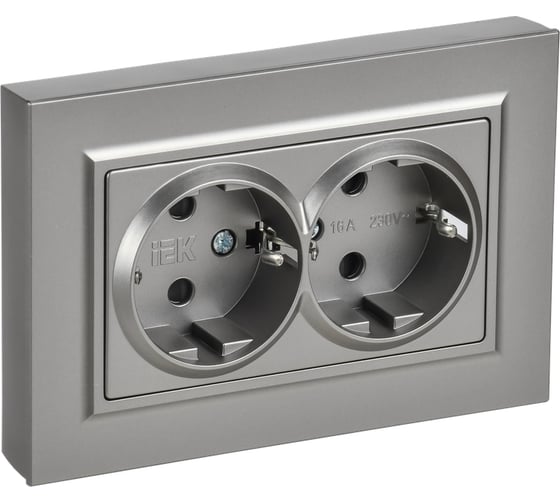Розетка IEK BRITE 2-я с заземлением, с защитными шторками, плоская, 16А в сборе РСшПл12-3-БрС сталь BR-R28-16-K46-F 1