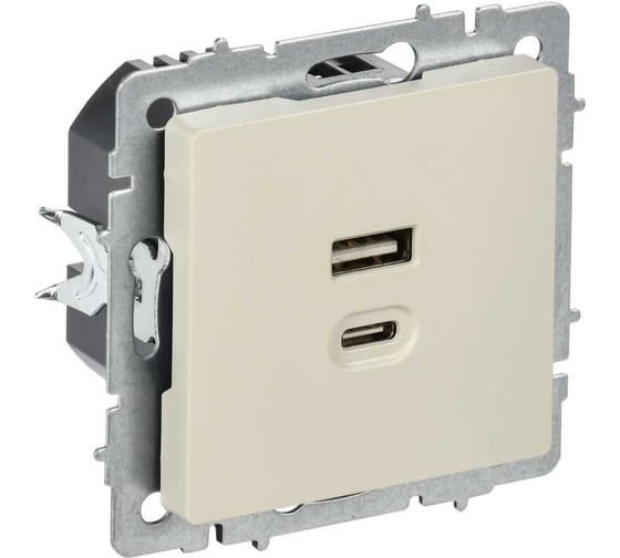 Розетка IEK BRITE USB A+C, 45Вт, высокоскоростная зарядка, бежевый РЮ11-2-БрКр BR-U22-045-K10 1
