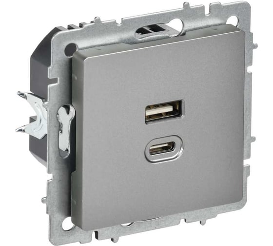 Розетка IEK BRITE USB A+C, 45Вт, высокоскоростная зарядка, сталь РЮ11-2-БрС BR-U22-045-K46 1