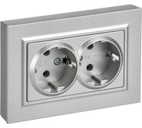 Розетка двойная IEK BRITE с заземлением, без шторок, плоская, 16А, в сборе, алюминий РСПл12-3-БрА BR-R27-16-K47-F