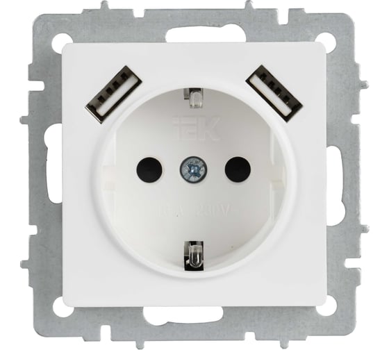 Розетка IEK BRITE с заземлением и шторками, 16А, с USB A+A, 2.1А, арктический белый РЮш10-1-БрАБ BR-R14-16-U21-D21-K91