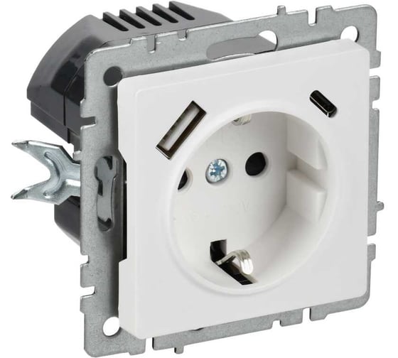 Розетка IEK BRITE с заземлением и шторками, 16А, с USB A+C, 18Вт, арктический белый РЮш11-1-БрАБ BR-R14-16-U22-018-K91 1