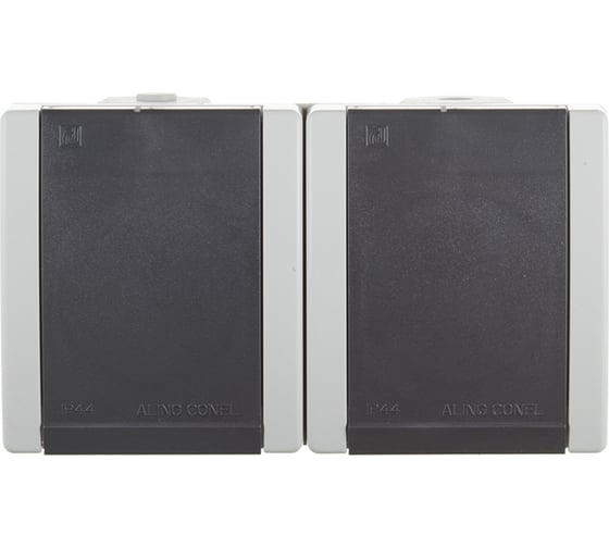 Двойная розетка Aling-conel POWER IP44 16A 250В открытой установки с поликарбонатовой вставкой, серый 2412.1A 117035