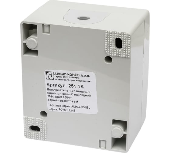 Клавишный однополюсный выключатель Aling-conel POWER IP44 10AX 250В открытой установки, серый 251.1A 117019