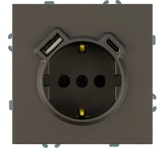 Розетка 1-местная STEKKER з/ш с/з 16А + USB + Type C (механизм), , 250В, 20W, серия Эмили, RST16-5119-09, антрацит, soft touch 50361