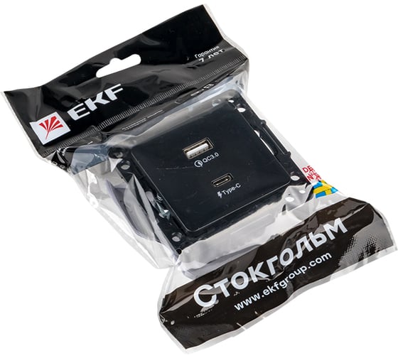 Механизм розетки EKF Стокгольм с 2USB type-A + type-C черный PROxima EZR-2USB-type-C