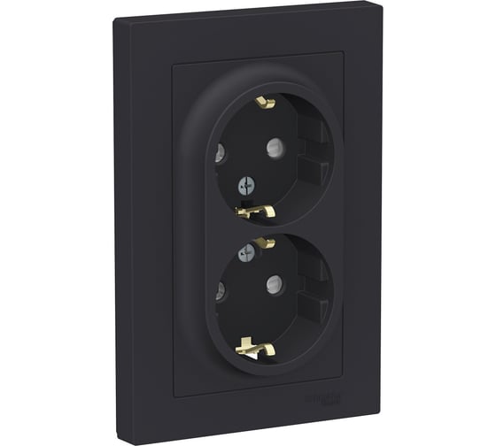 Розетка Systeme Electric AtlasDesign Карбон с/з двойная, со шторками, 16А, в сборе SE ATN001026
