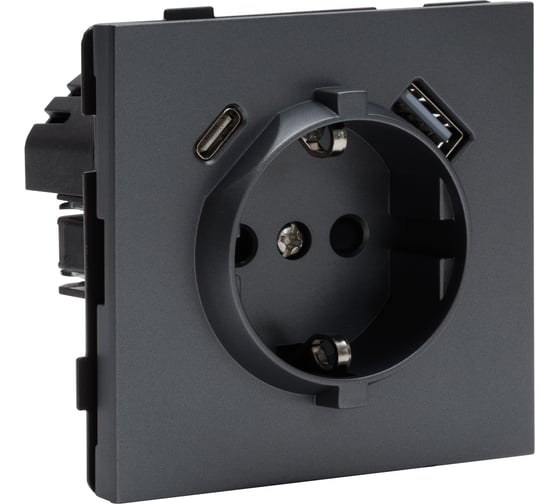 Розетка 1-местная USB/TYPE-C ALTECH ENCORE 1SUCВ скрытого монтажа с заземлением и шторками черная механизм 07367 1