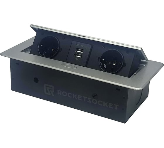Горизонтальная выдвижная Розетка ROCKETSOCKET 2EU+2USB Серая OvalC AM-G2EU-2U-15