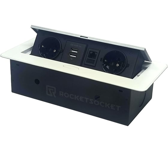 Горизонтальная выдвижная Розетка ROCKETSOCKET 2EU+2USB+RJ45 Белая AM-G2EU-2U-RJ45-11