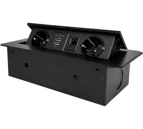 Горизонтальная выдвижная Розетка ROCKETSOCKET 2EU+2USB+RJ45 Черная AM-G2EU-2U-RJ45-12
