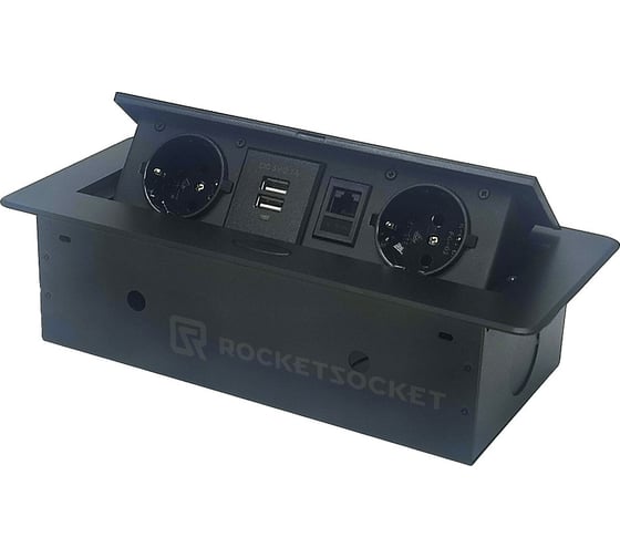Горизонтальная выдвижная Розетка ROCKETSOCKET 2EU+2USB+RJ45 Черная AM-G2EU-2U-RJ45-12