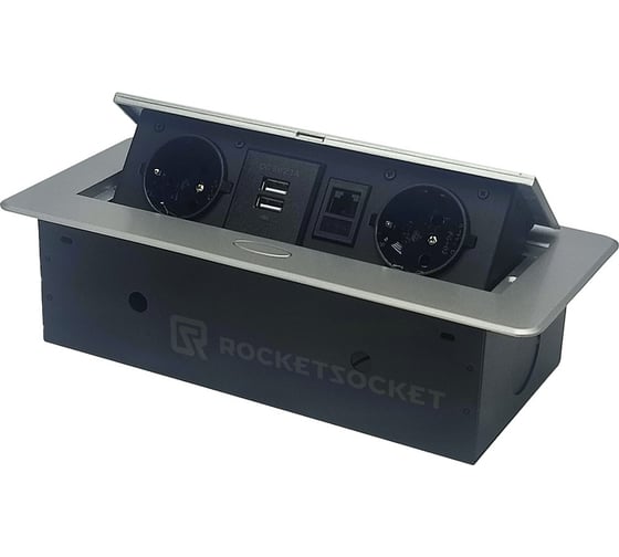 Горизонтальная выдвижная Розетка ROCKETSOCKET 2EU+2USB+RJ45 Серая AM-G2EU-2U-RJ45-15