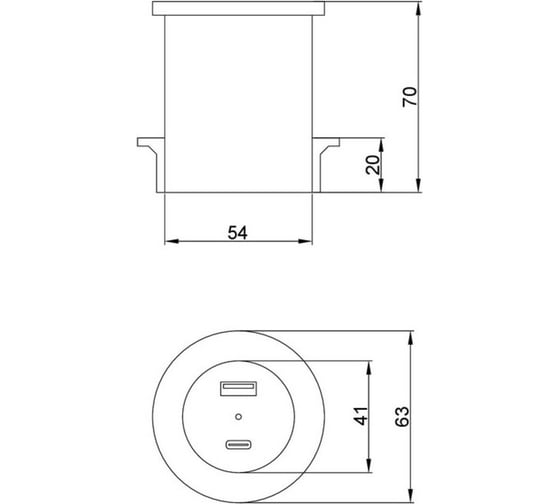 Встраиваемая розетка ROCKETSOCKET 2 USB Type A+C 45W стандарта QC3.0+PD3.0, кабель 2м, диаметр 54мм AM-54-2AC-12