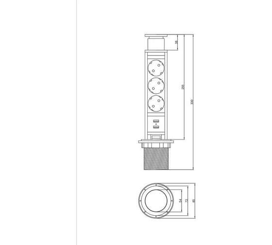 Вертикальная выдвижная розетка механическая ROCKETSOCKET 3EU + 2USB, кабель 2м, диаметр 60мм AM-105S-3EU2UC-12