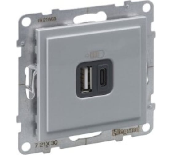 Зарядное устройство Legrand SUNO USB 2 выхода Тип А - Тип С Цвет Алюминий 721330 1
