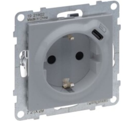 Комбинированная розетка Legrand SUNO со шторками 2К+З 16А 250В/USB С 1500мА. Безвинтовые зажимы. Цвет Алюминий 721329 1