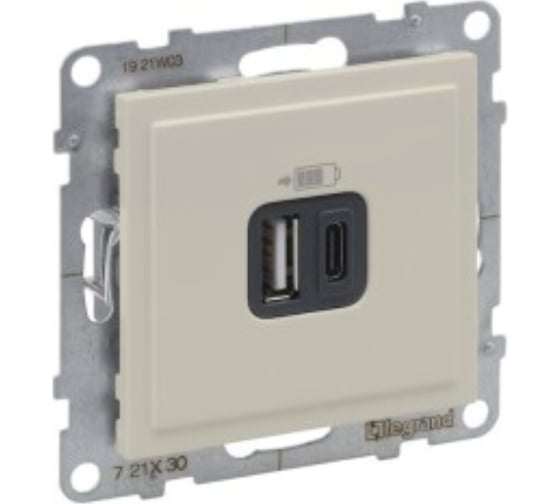 Зарядное устройство Legrand SUNO USB 2 выхода Тип А - Тип С Цвет Слоновая кость 721230 1