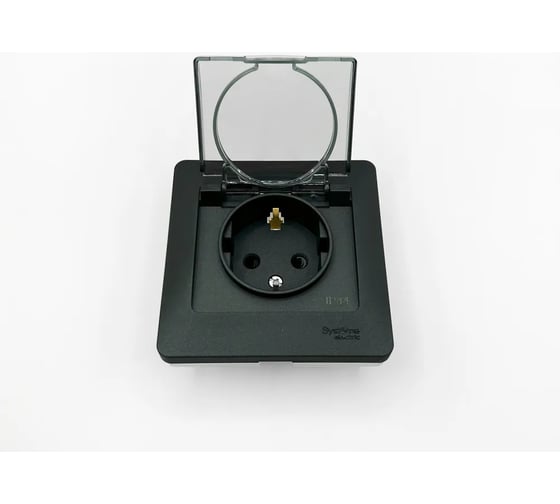 Розетка Systeme Electric Glossa Антрацит с/з со шторками с крышкой, 16А, IP44 в сборе GSL000748