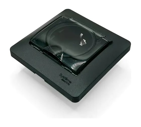 Розетка Systeme Electric Glossa Антрацит с/з со шторками с крышкой, 16А, IP44 в сборе GSL000748
