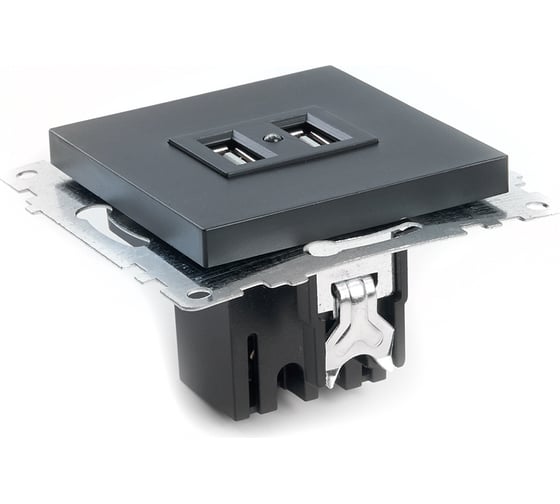 2-местная USB розетка STEKKER механизм, 250В, 2,4А, серия Катрин, GLS10-7115-05, черный 39616