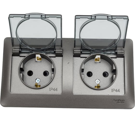 Розетка Systeme Electric Glossa Графит 2-ая с/з, со шторками, в сборе, IP44 SE GSL001347