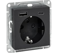 Механизм розетки EKF с USB-A+С - 2шт, 16А, с заземлением, со шторками, чёрный Эпика UP1-SOB-111-USBA+USBC