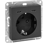 Механизм розетки EKF с USB-C - 2шт, 16А, с заземлением, со шторками, чёрный Эпика UP1-SOB-111-2USBC