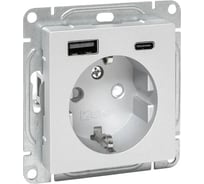 Механизм розетки EKF с USB-A+С - 2шт, 16А, с заземлением, со шторками, алюминий Эпика UP1-SOA-111-USBA+USBC