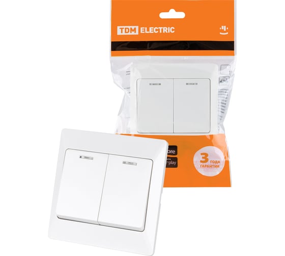 Выключатель TDM ELECTRIC Ильмень 2 кл. с подсветкой 10А белый SQ1823-0004
