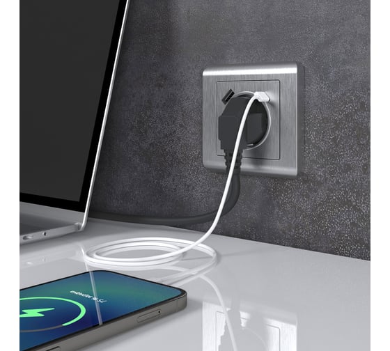 Розетка с заземлением и шторками и USB тип A+C WERKEL W1171709 серебряный рифленый a056277