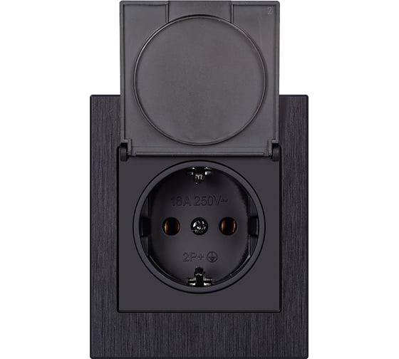 Розетка одноместная SMARTBUY с заземлением с крышкой модульная 16А алюминий черный Альтаир SBE-m11alb-16-S1-1ZK 1