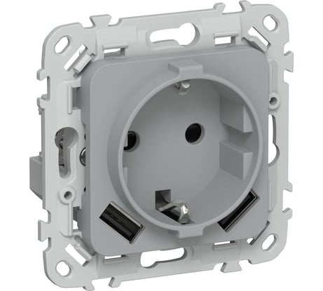 Розетка IEK FLITE с заземляющим контактом и шторками, 16А USB AA 3,1А б/к РСЮша11-1-ФлС серый FI-R14-16-1-U21-D31-K03