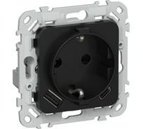 Розетка IEK FLITE с заземляющим контактом и шторками, 16А USB AC 20Вт б/к РСЮшс11-1-ФлЧ черный FI-R14-16-1-U22-020-K02