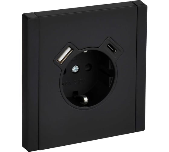Розетка IEK FORTE&PIANO с заземление, с защитными шторками, винтовое крепление, 16А USB A+C 18Вт FP147M черный FP-R14-16-U22-018-M-K02 1