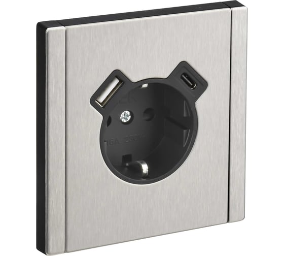 Розетка IEK FORTE&PIANO с заземление, с защитными шторками, винтовое крепление, 16А USB A+C 18Вт FP747M никель FP-R14-16-U22-018-M-K50 1