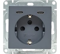 Механизм розетки EKF с USB-C - 2шт, 16А, с заземлением, со шторками, графит, Эпика UP1-SOG-111-2USBC