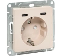 Механизм розетки EKF с USB-C - 2шт, 16А, с заземлением, со шторками, кремовый, Эпика UP1-SOI-111-2USBC