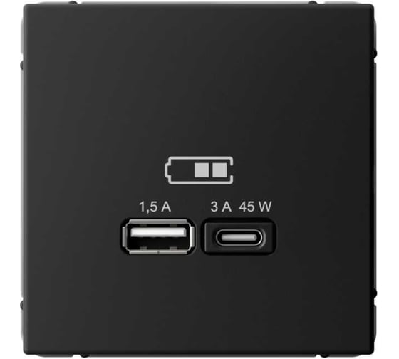Розетка Systeme Electric ARTGALLERY USB A + тип-C, 45Вт, высокоскоростная зарядка QC, PD, механизм, черный шелк GAL001729 1