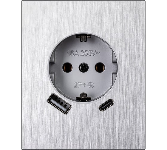 Розетка одноместная SMARTBUY с заземлением USB+Type-C модульная 16А алюминий серебро Альтаир SBE-m11al-16-S1-USB 1