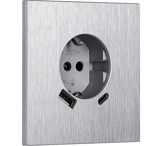 Розетка одноместная SMARTBUY с заземлением USB+Type-C независимая 16А алюминий серебро Альтаир SBE-i11al-16-S1-USB 1