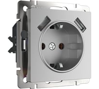 Розетка с заземлением, шторками и USBх2 Werkel W1171506 серебряный a050886
