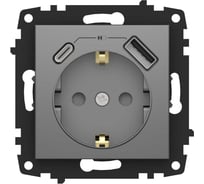Розетка Type C+USB ELBI Zena Vega дымчатый, с заземление, зарядка, 5V, 2400 mA 609-011100-334