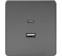 Механизм розетки KRANZ ROUND USB-A+Type-C 3А с функцией быстрой зарядки титан KR-78-0734-2