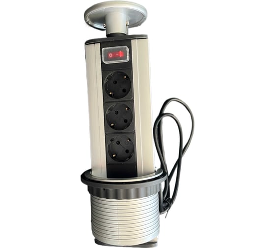 Розетка выдвижная встраиваемая LUCKTEK с выключателем, 3x220V, поликарбонат+анод.алюминий, d выреза 10см, цвет серый LK-GN1203S