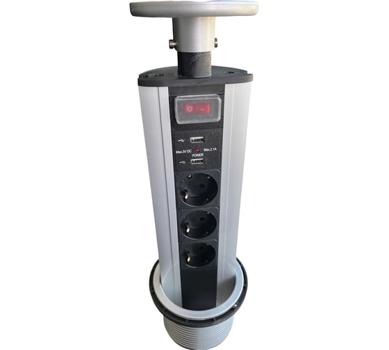 Розетка выдвижная встраиваемая LUCKTEK с выключателем, 3х220V, 2xUSB, поликарбонат+анод.алюминий, d выреза 10см, цвет серый LK-GN1203SU2