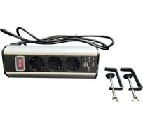 Розетка настольная LUCKTEK с зажимами, с выключателем, 3x220V, 2xUSB (5V/2.1A) пластик+алюминий, цвет серый LK-GN1403SU2